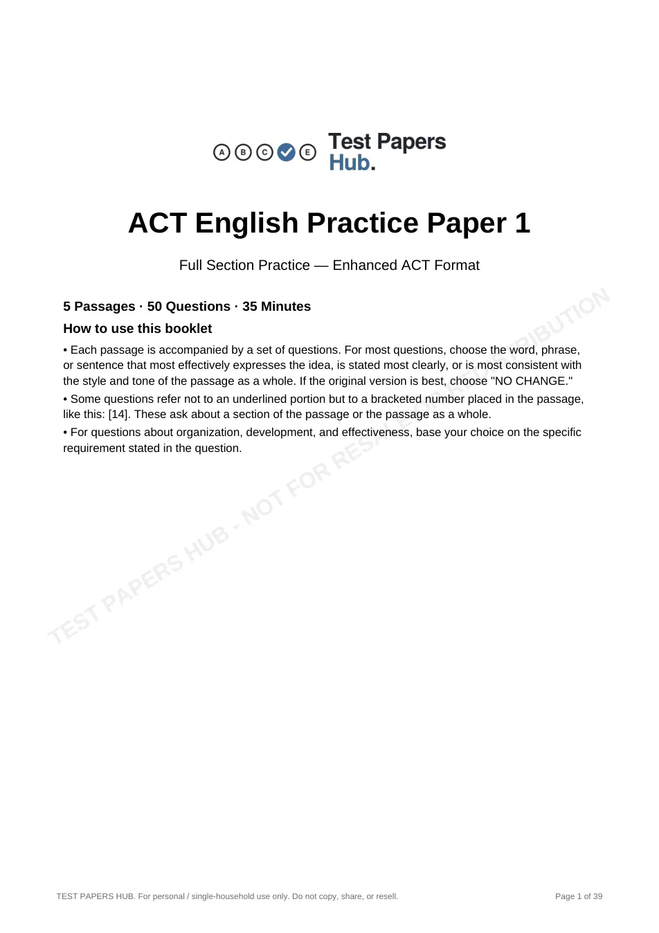 Cover page of ACT English Practice Paper 1