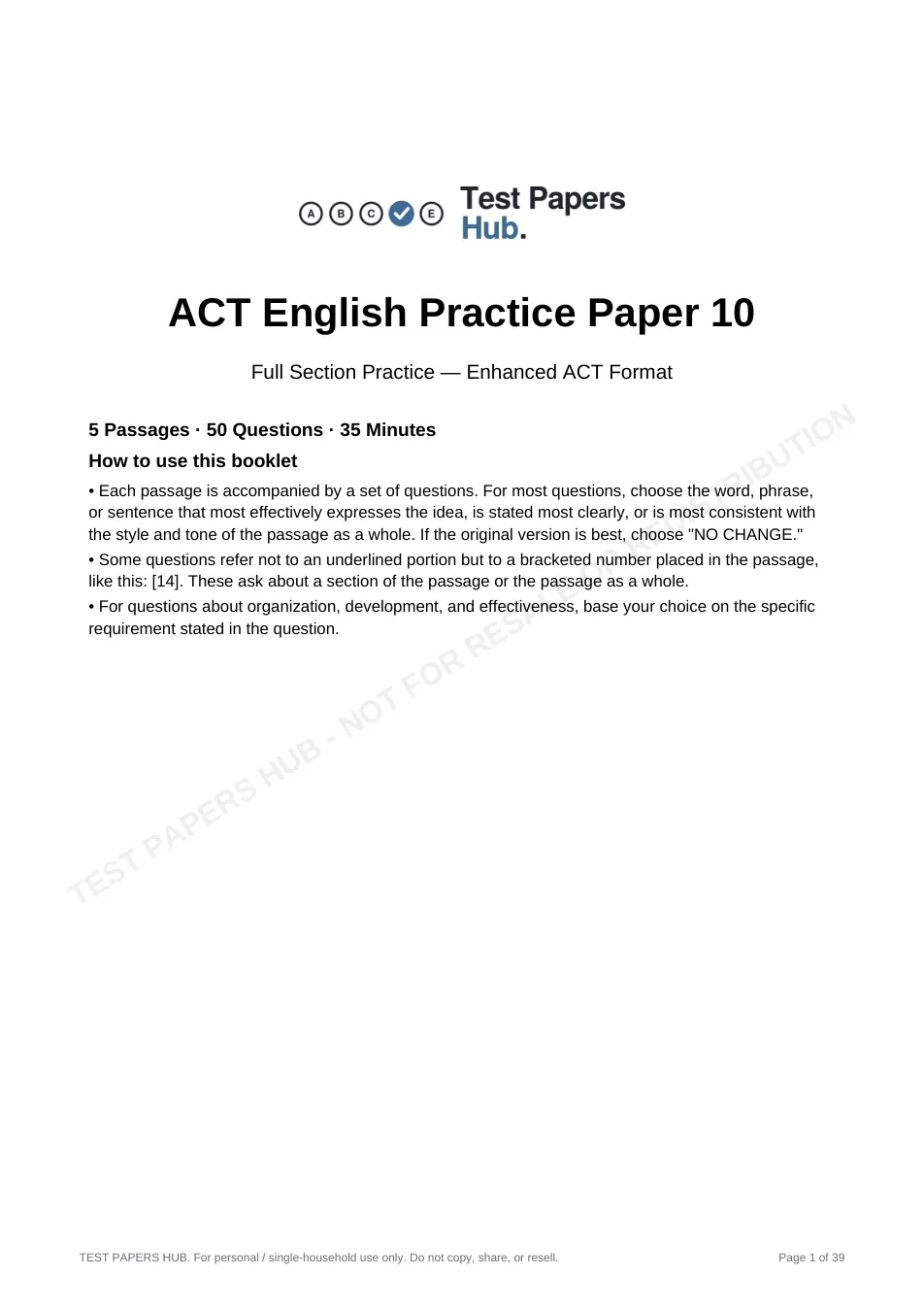 Cover page of ACT English Practice Paper 10