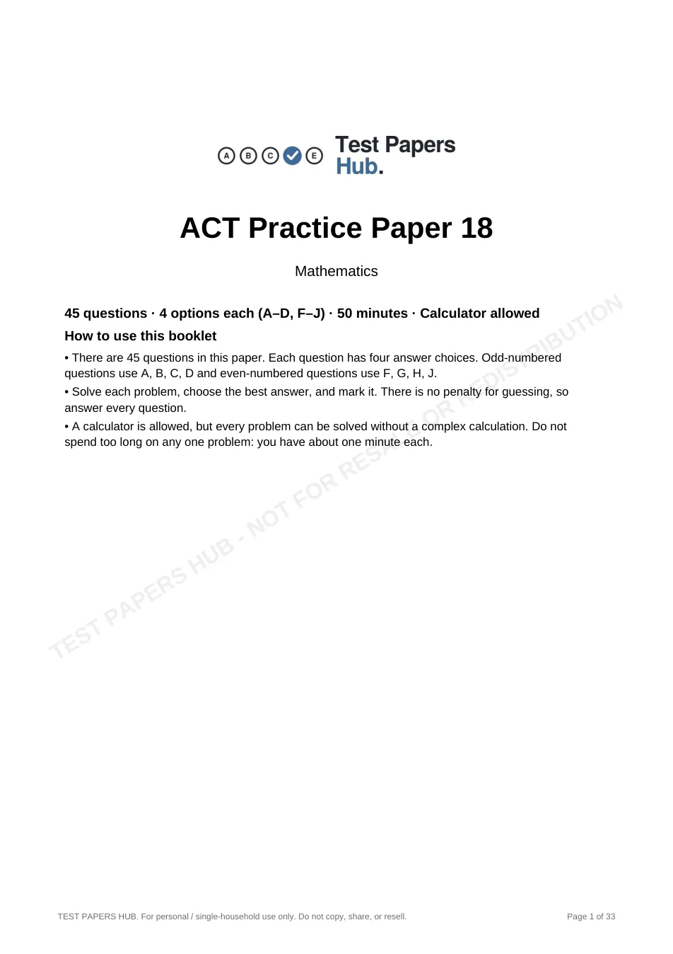 Cover page of ACT Math Practice Paper 18