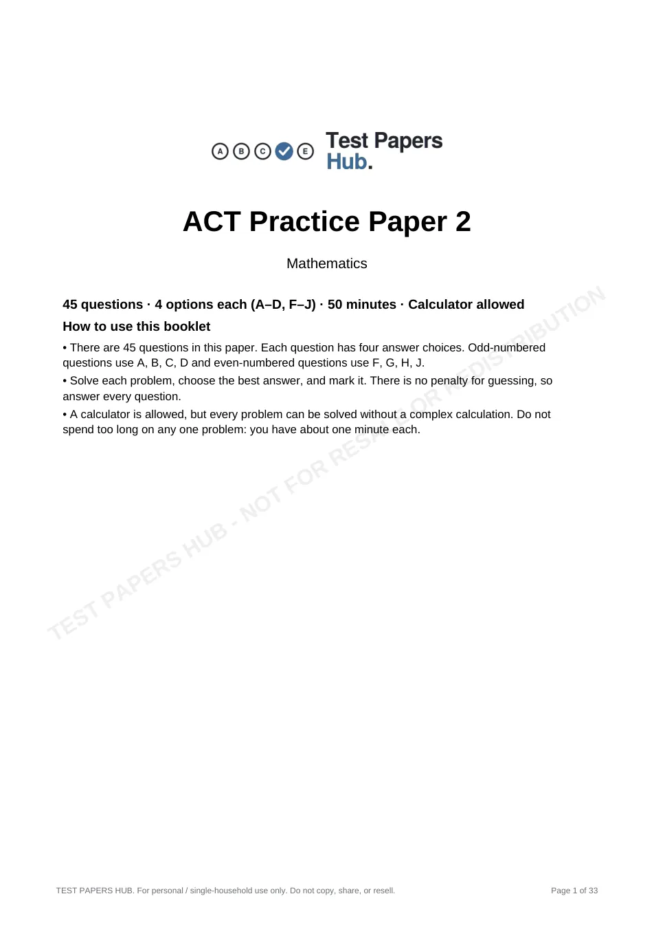 Cover page of ACT Math Practice Paper 2