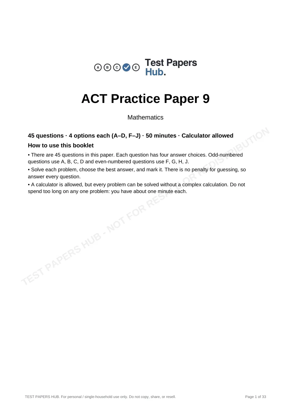 Cover page of ACT Math Practice Paper 9