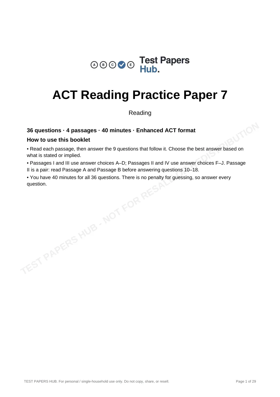 Cover page of ACT Reading Practice Paper 7