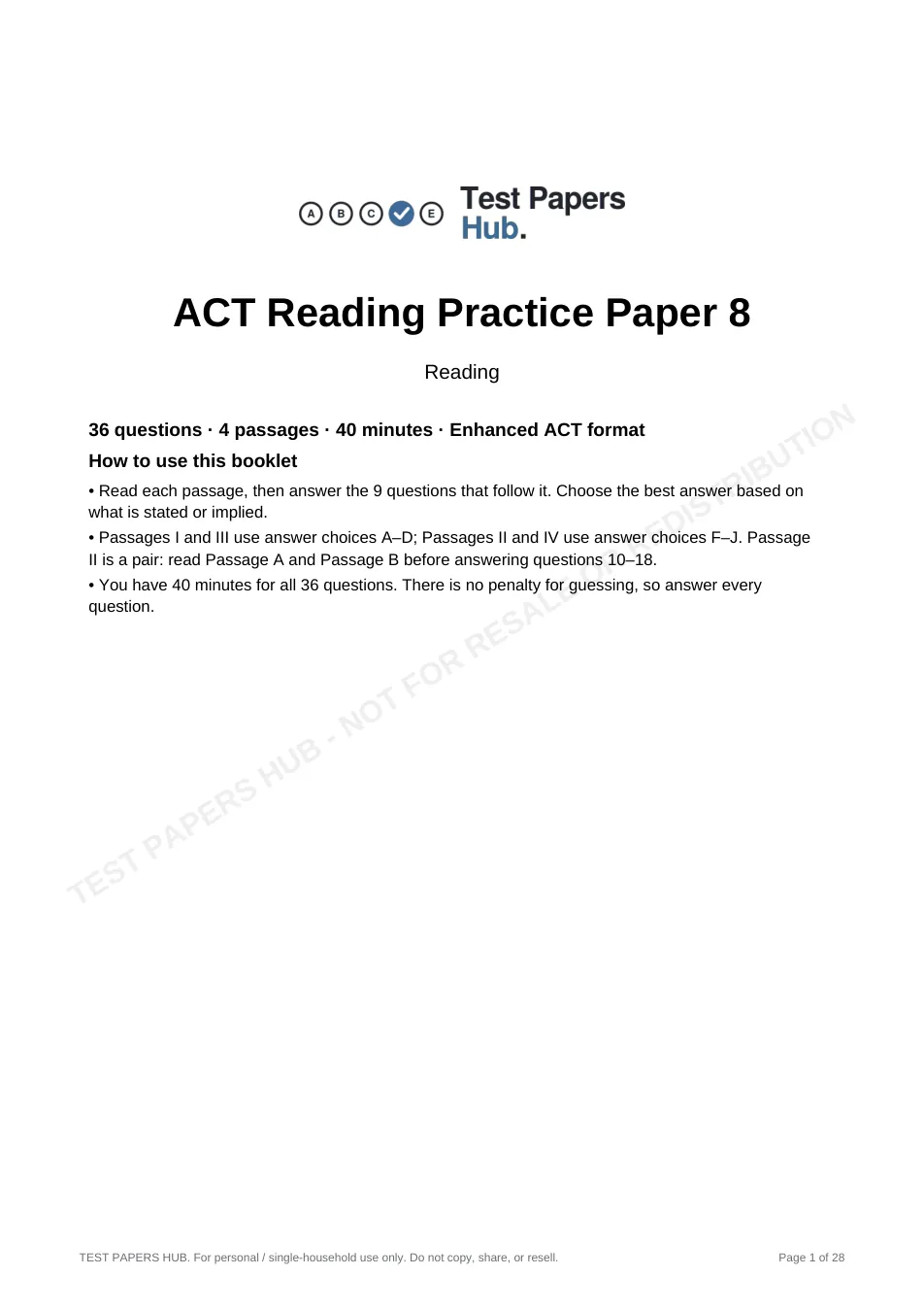 Cover page of ACT Reading Practice Paper 8