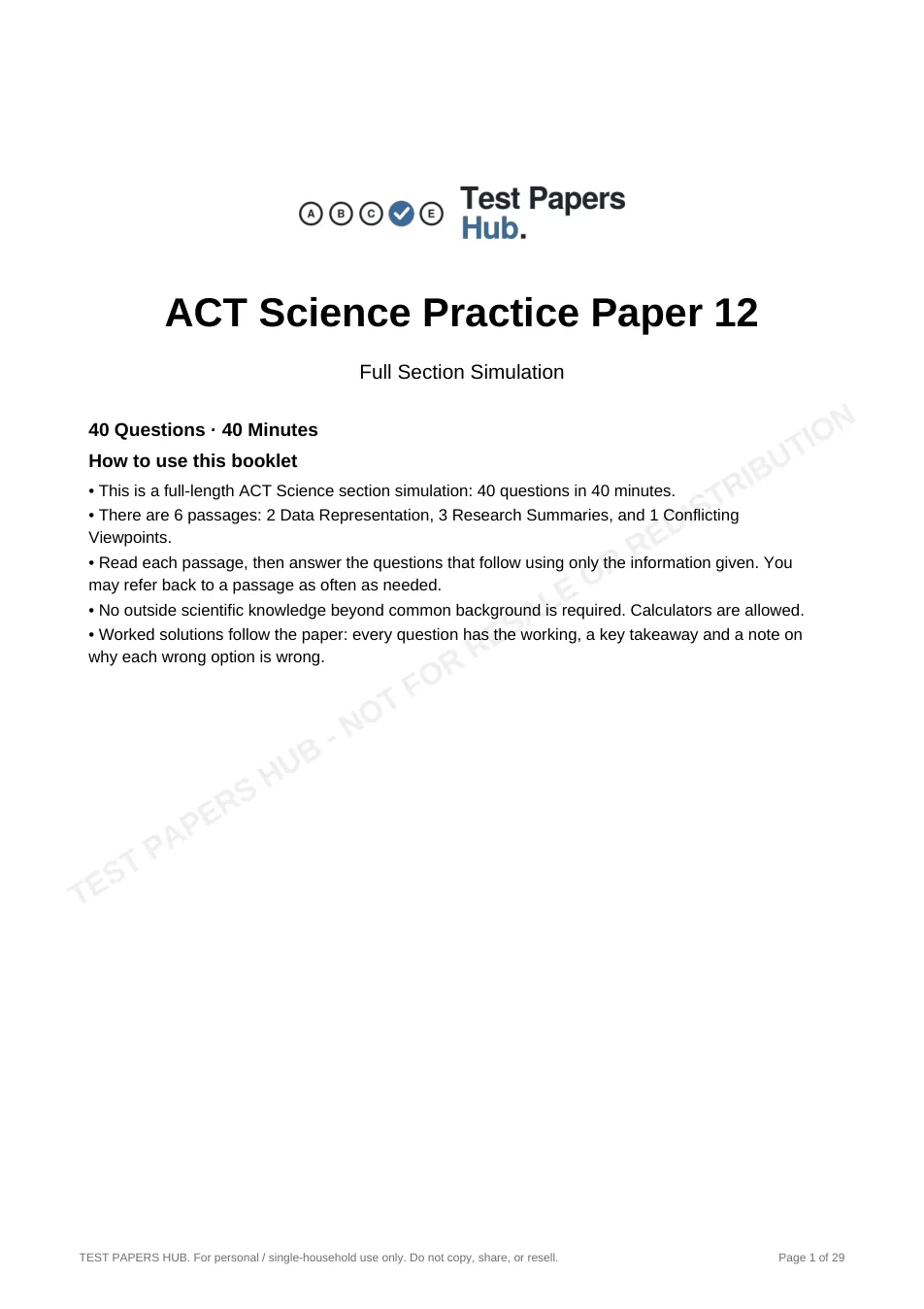Cover page of ACT Science Practice Paper 12
