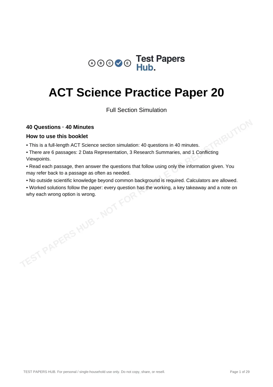Cover page of ACT Science Practice Paper 20