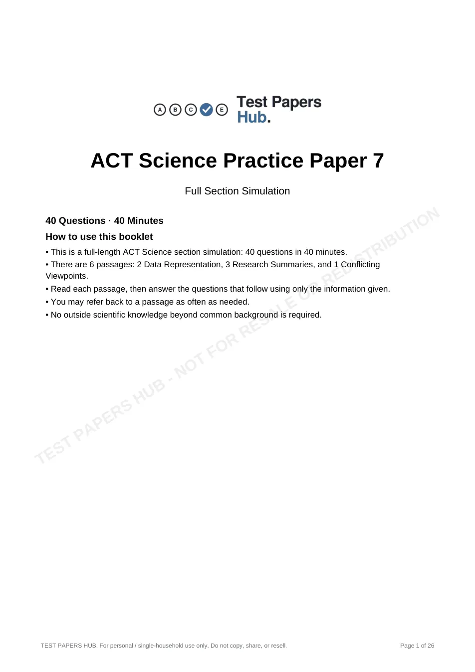 Cover page of ACT Science Practice Paper 7
