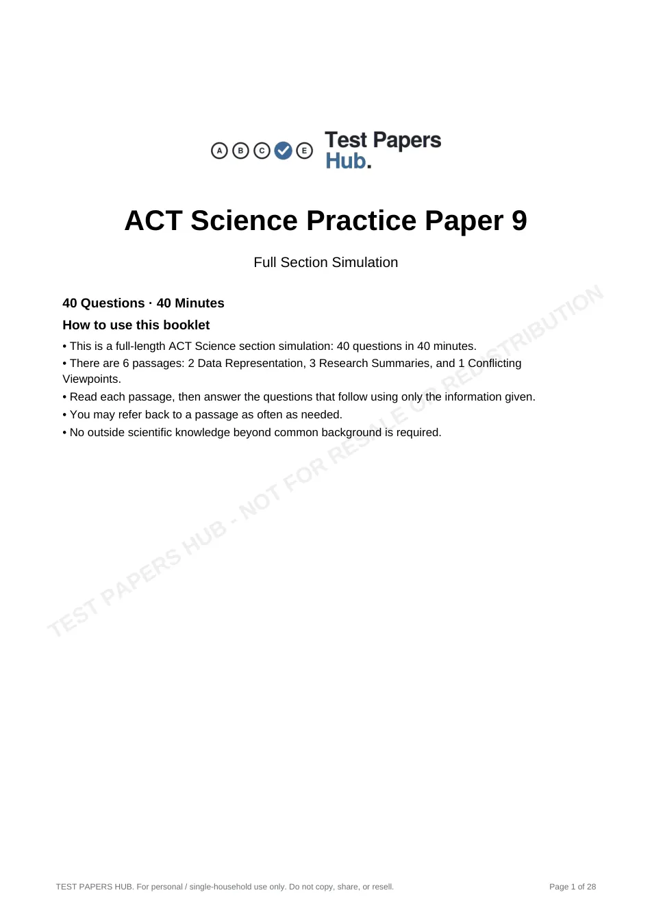 Cover page of ACT Science Practice Paper 9
