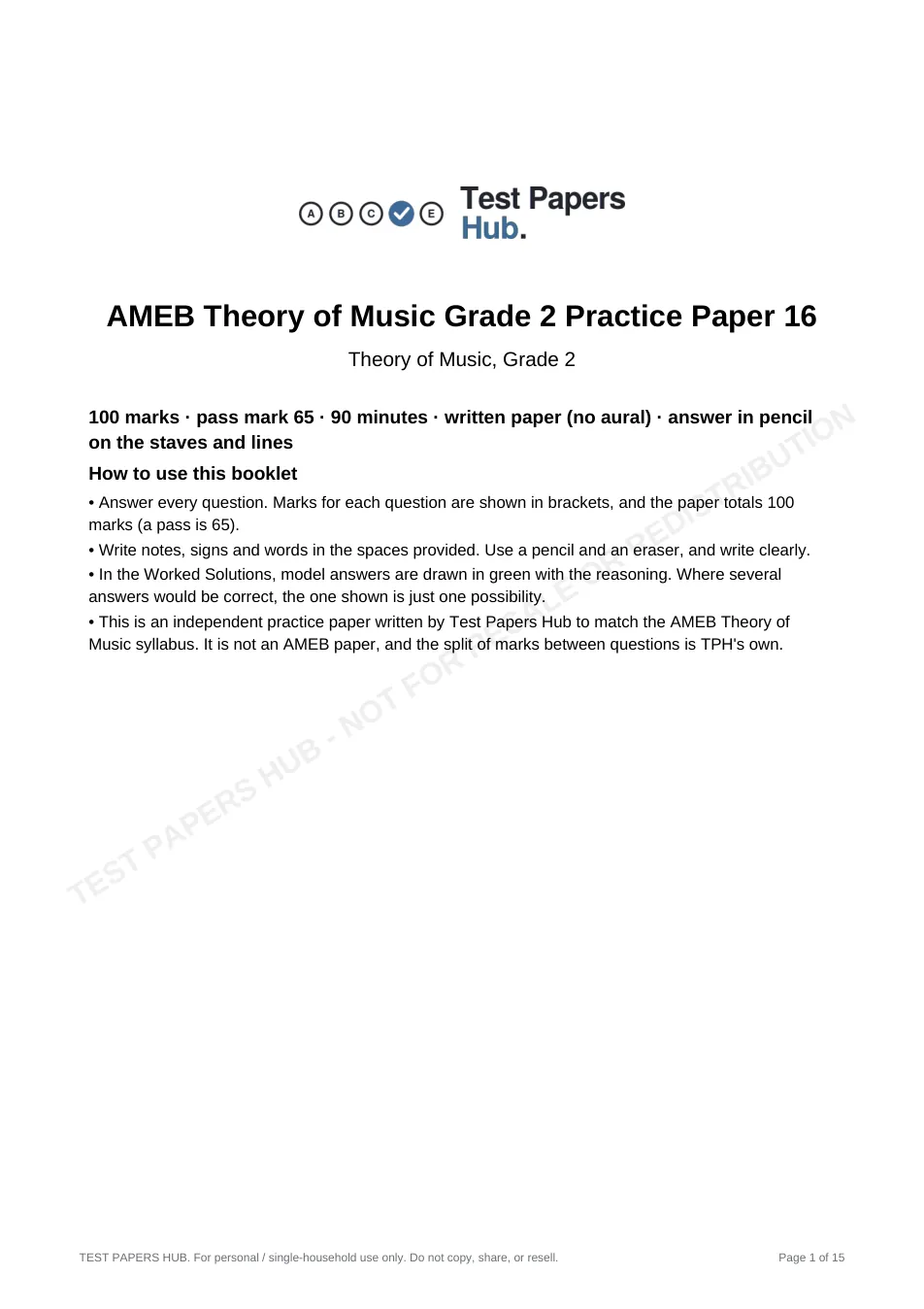 Cover page of AMEB Music Theory Grade 2 Practice Paper 16