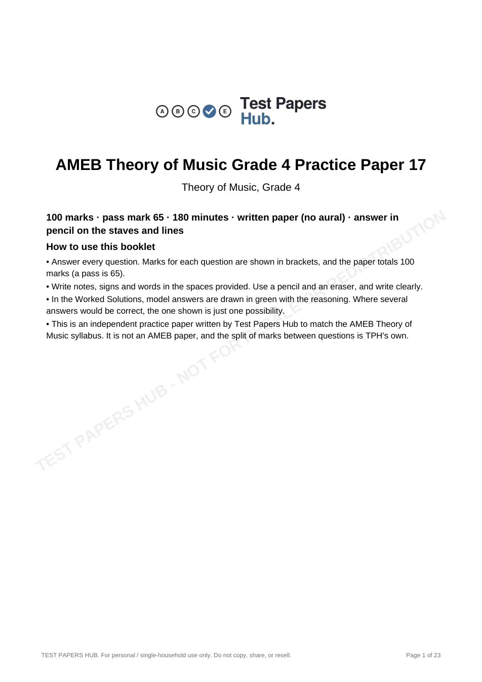 Cover page of AMEB Music Theory Grade 4 Practice Paper 17