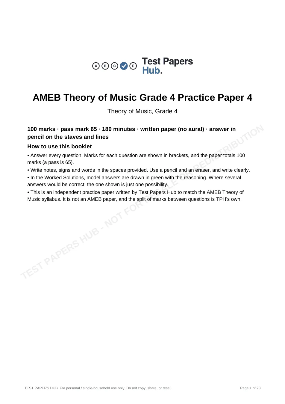 Cover page of AMEB Music Theory Grade 4 Practice Paper 4