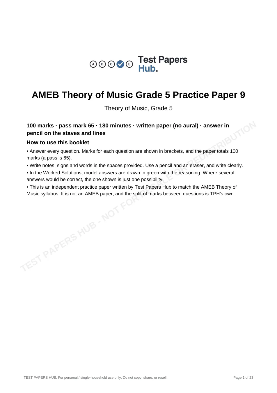 Cover page of AMEB Music Theory Grade 5 Practice Paper 9