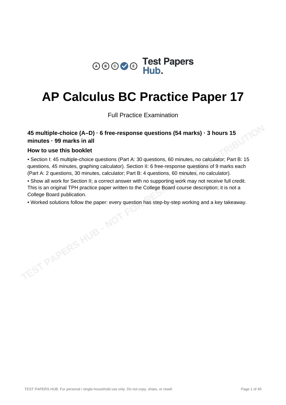 Cover page of AP Calculus BC Practice Paper 17