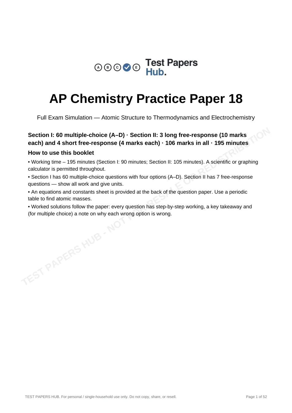 Cover page of AP Chemistry Practice Paper 18