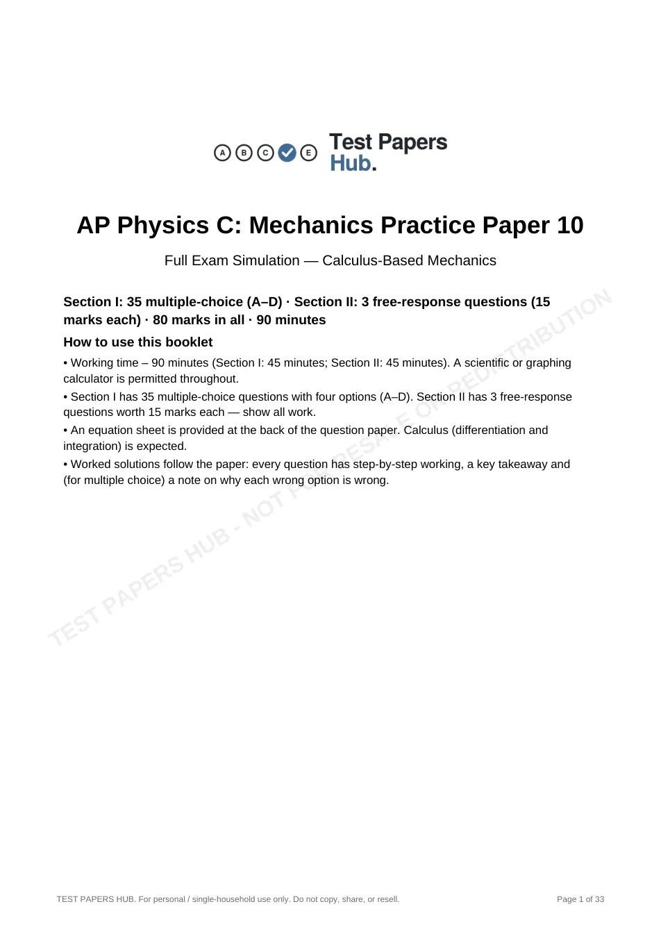 Cover page of AP Physics C: Mechanics Practice Paper 10