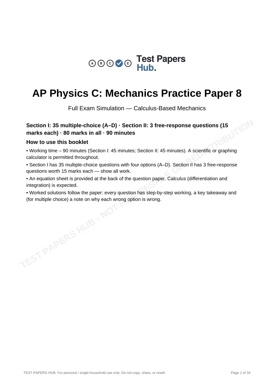 Cover page of AP Physics C: Mechanics Practice Paper 8