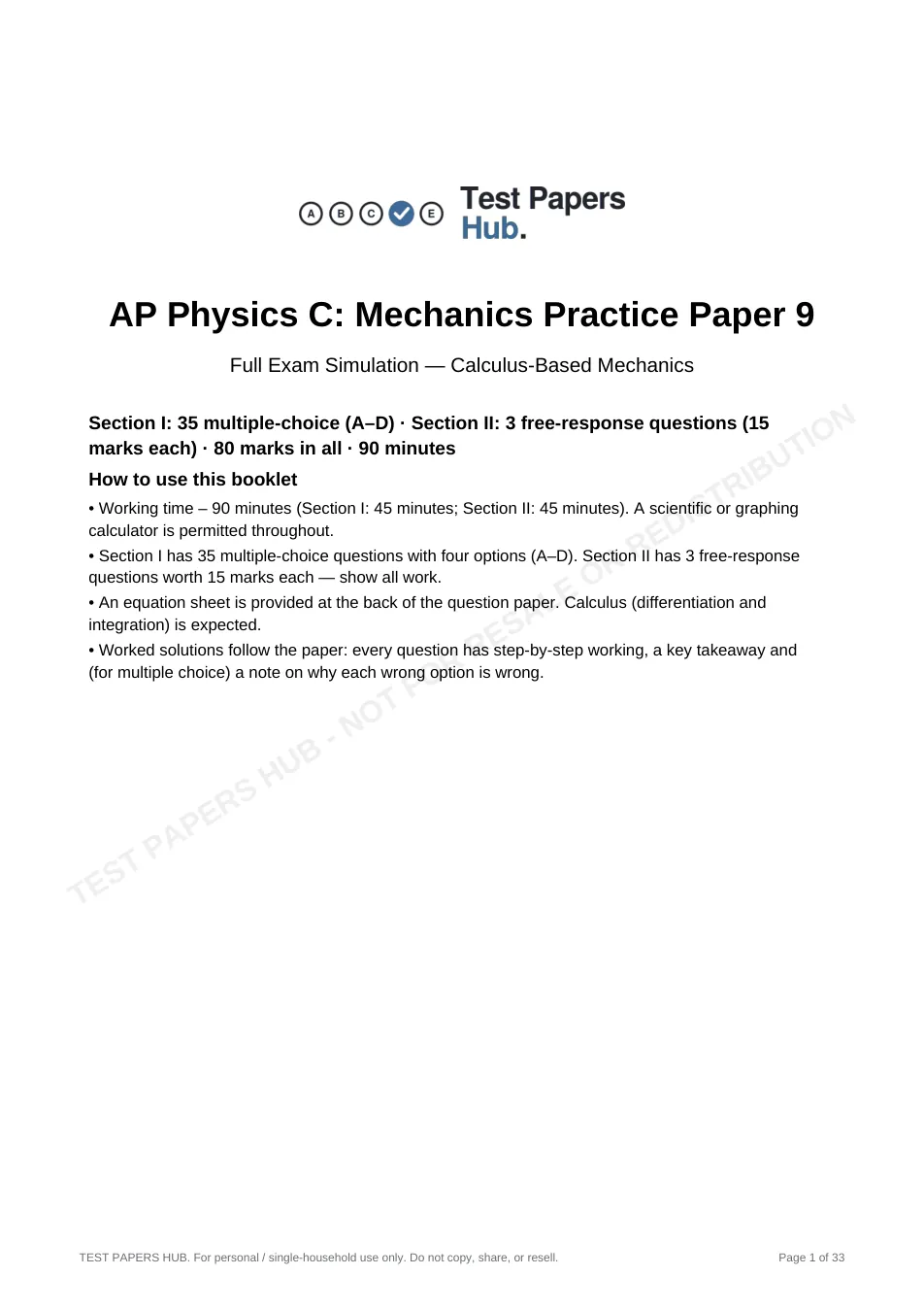 Cover page of AP Physics C: Mechanics Practice Paper 9