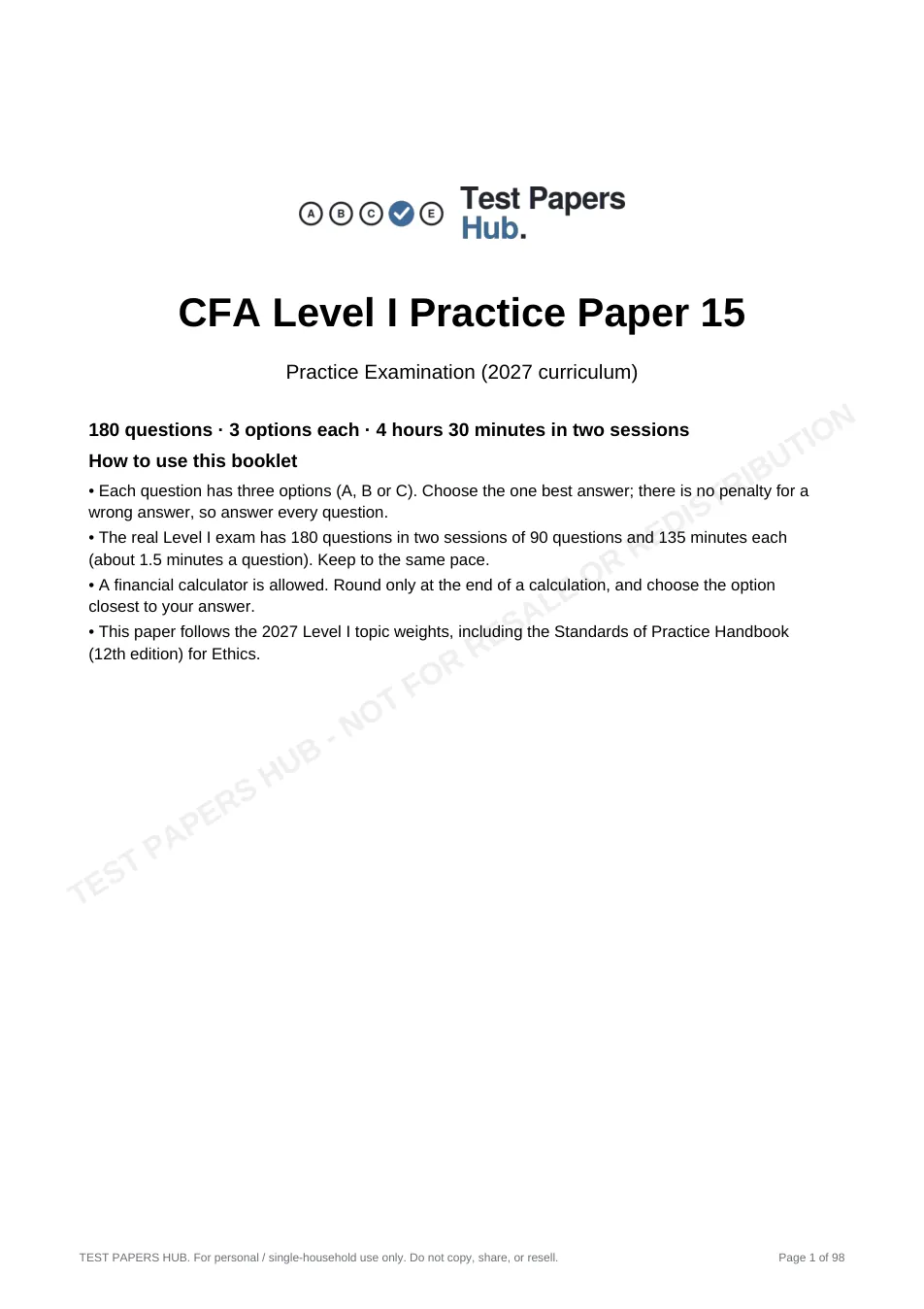 Cover page of CFA Level 1 Practice Paper 15