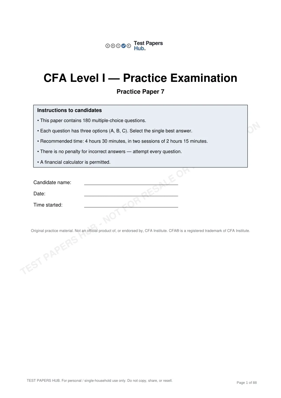 Cover page of CFA Level 1 Practice Paper 7