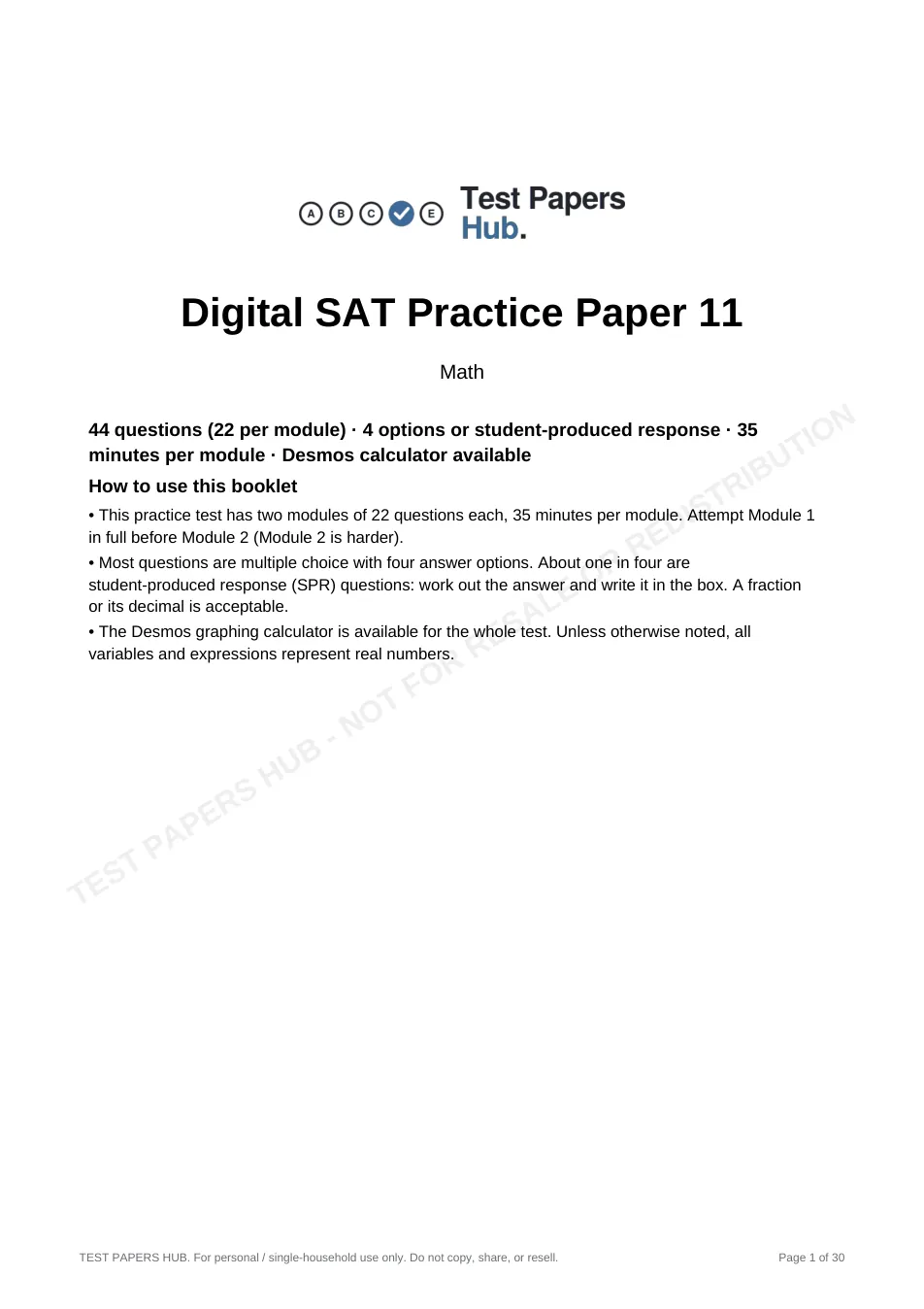 Cover page of Digital SAT Math Practice Paper 11