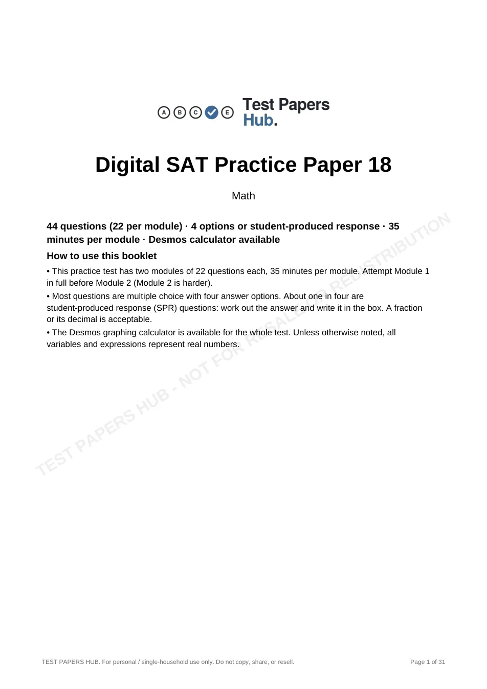 Cover page of Digital SAT Math Practice Paper 18