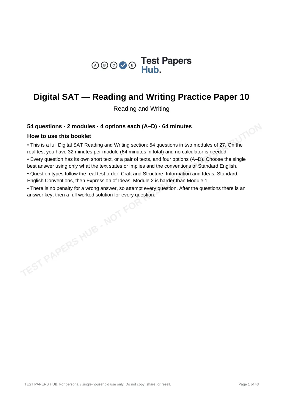 Cover page of Digital SAT Reading and Writing Practice Paper 10