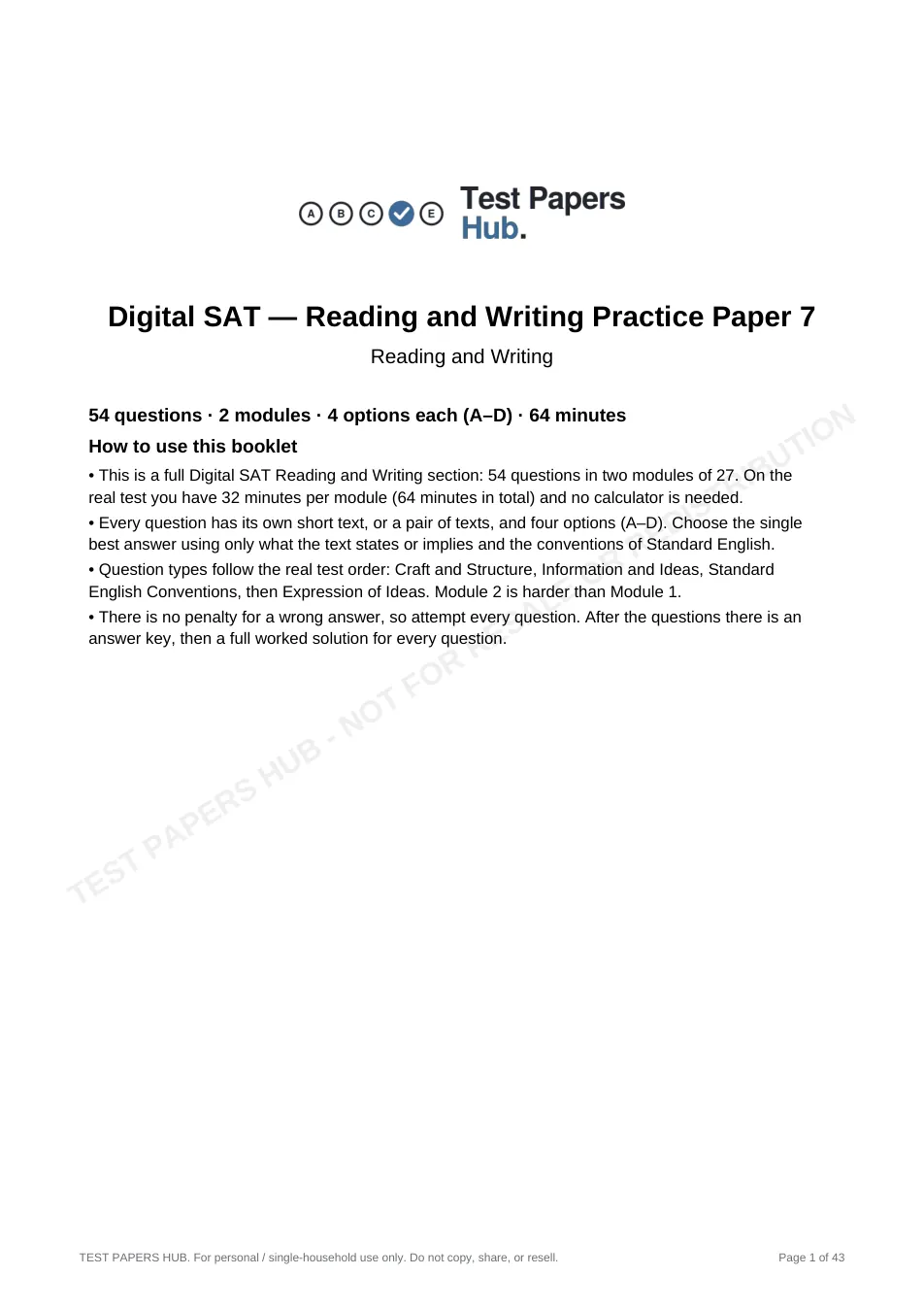 Cover page of Digital SAT Reading and Writing Practice Paper 7