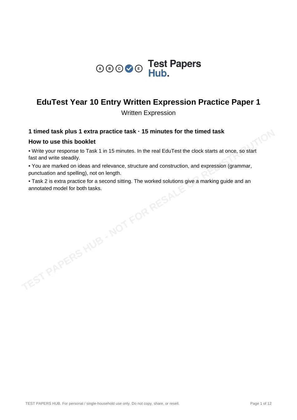 Cover page of EduTest Year 10 Written Expression Practice Paper 1