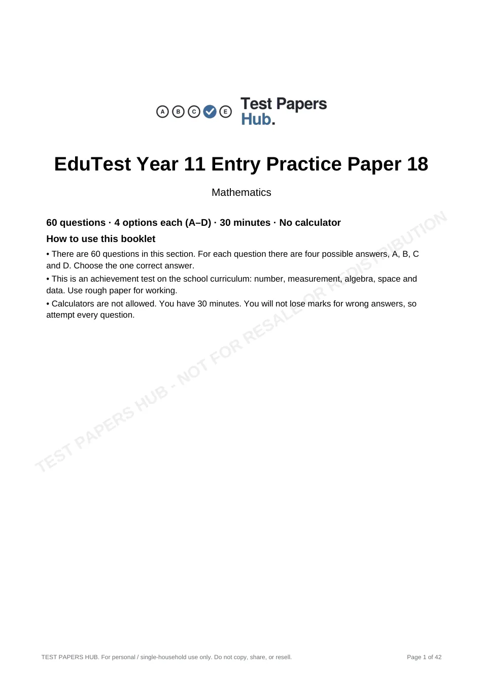 Cover page of EduTest Year 11 Mathematics Practice Paper 18