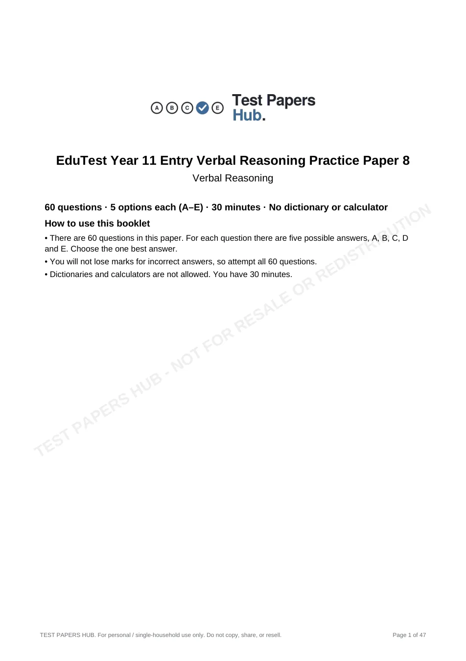 Cover page of EduTest Year 11 Verbal Reasoning Practice Paper 8