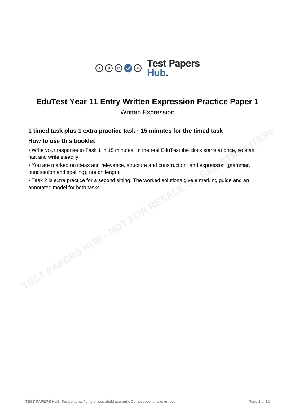 Cover page of EduTest Year 11 Written Expression Practice Paper 1