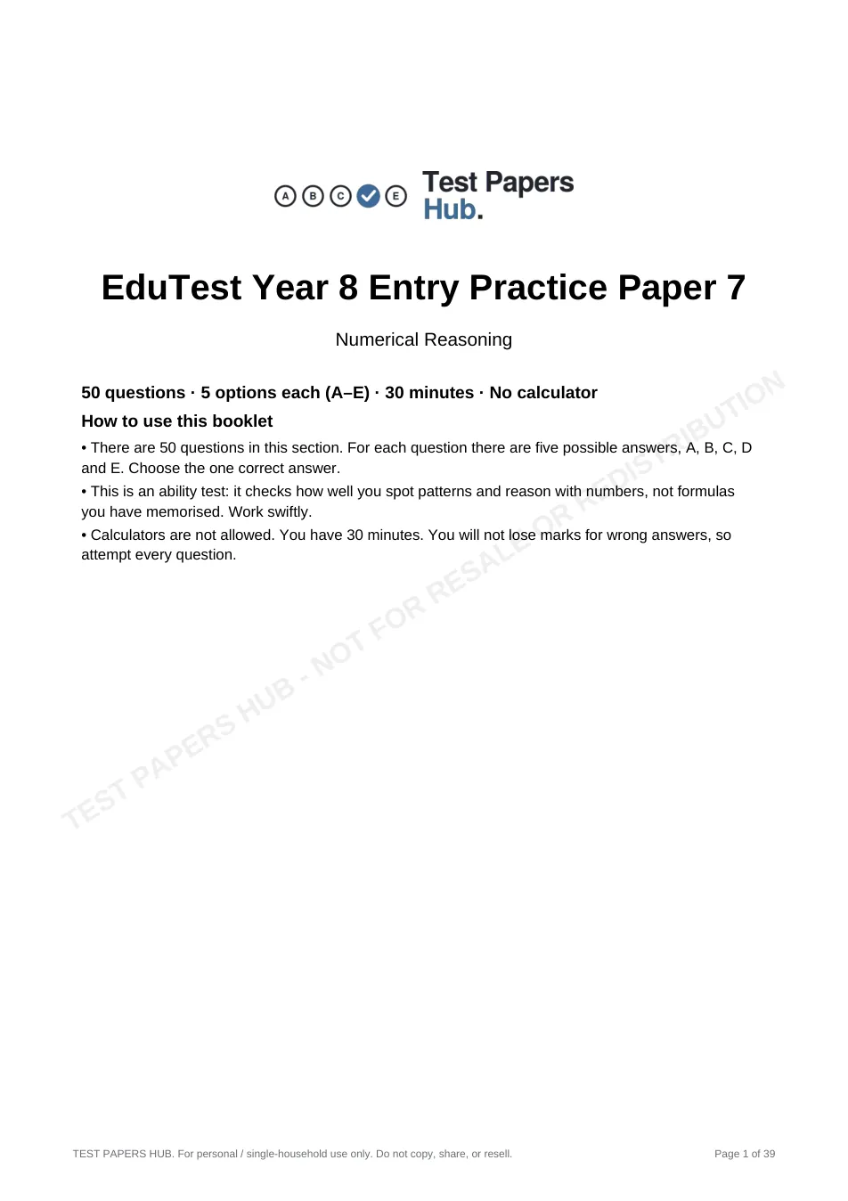 Cover page of EduTest Year 8 Numerical Reasoning Practice Paper 7