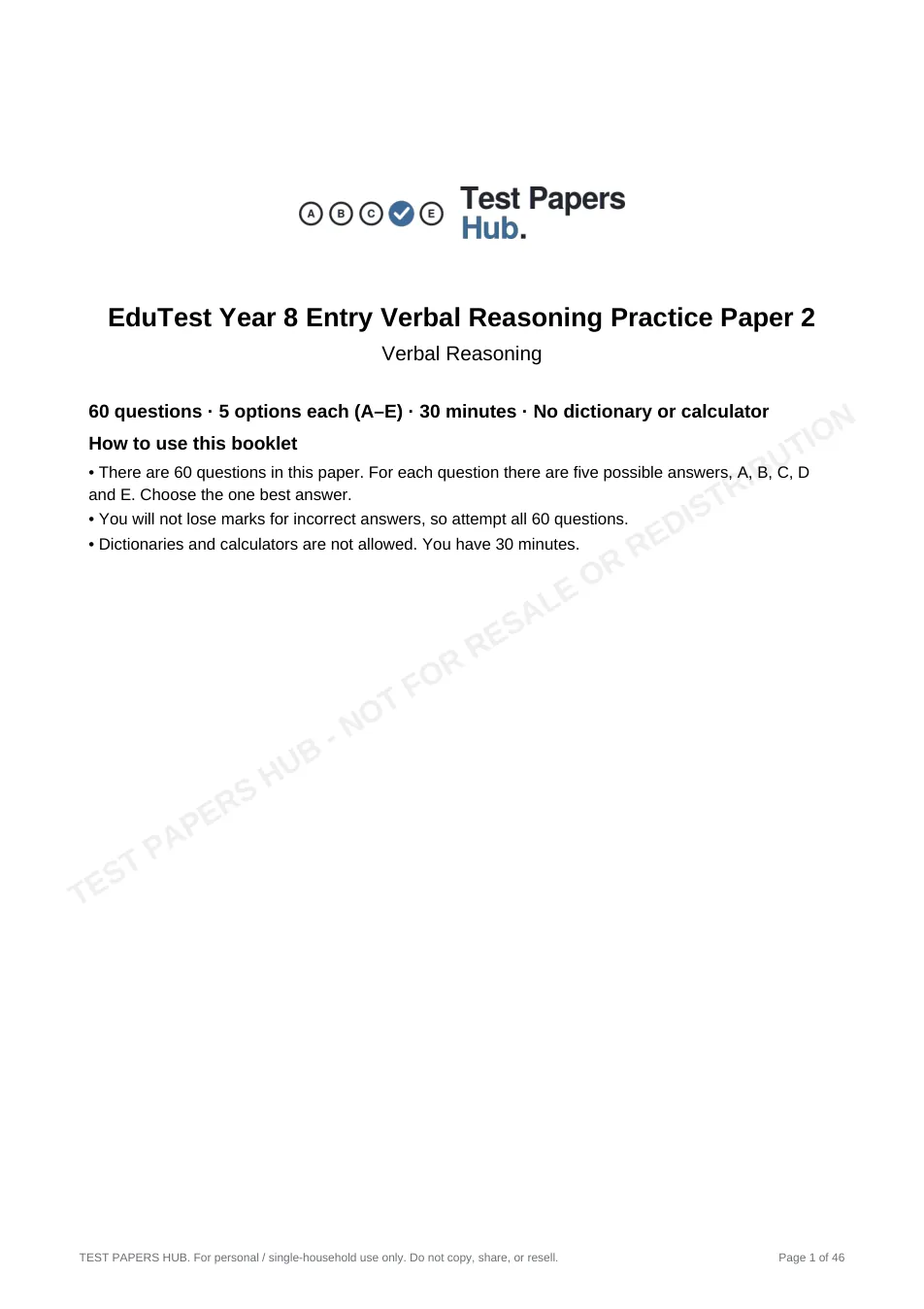 Cover page of EduTest Year 8 Verbal Reasoning Practice Paper 2