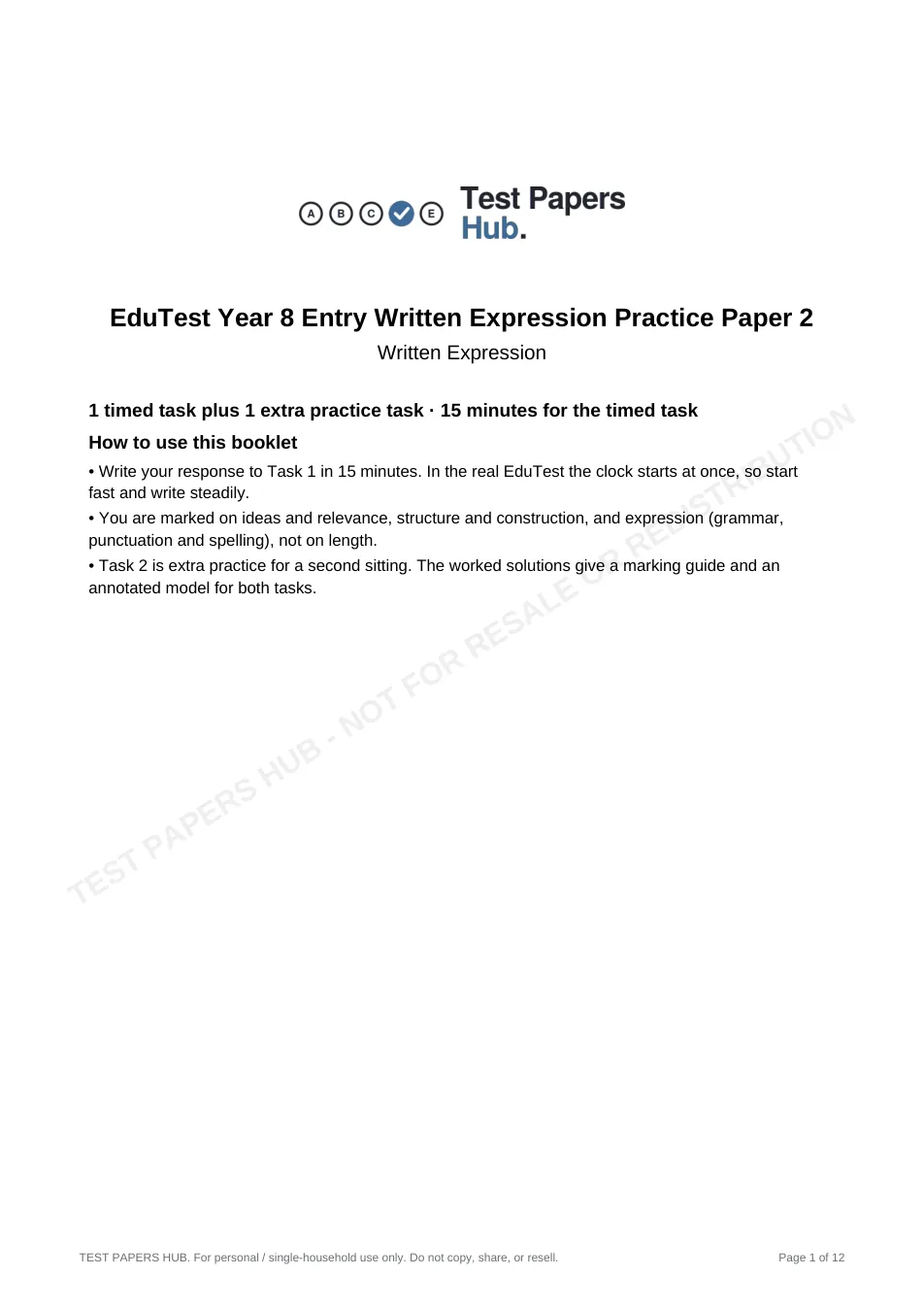 Cover page of EduTest Year 8 Written Expression Practice Paper 2