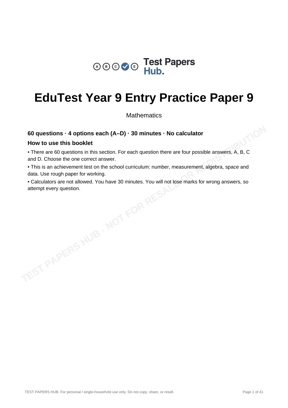 Cover page of EduTest Year 9 Mathematics Practice Paper 9