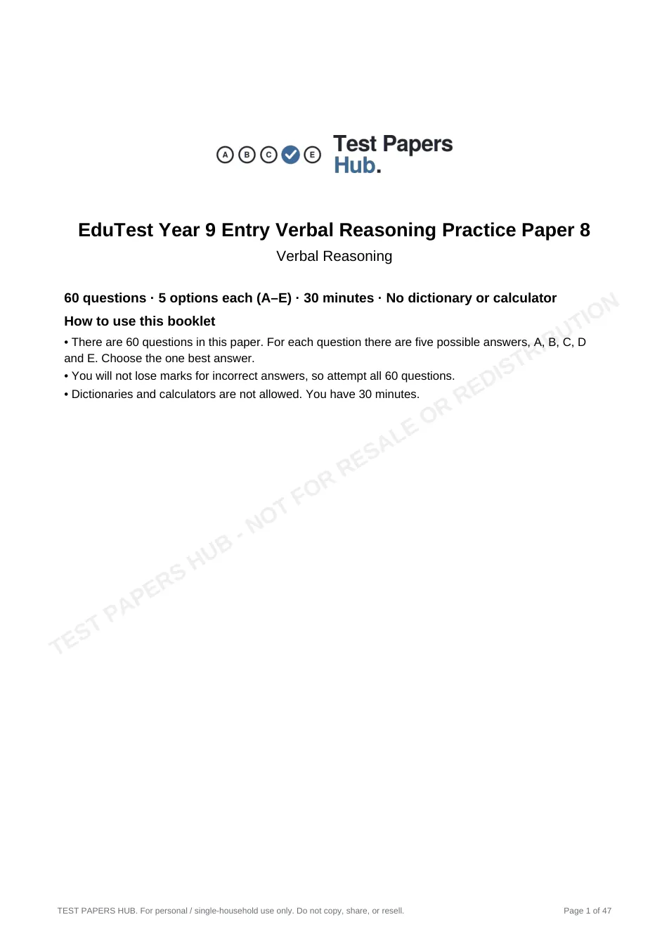 Cover page of EduTest Year 9 Verbal Reasoning Practice Paper 8
