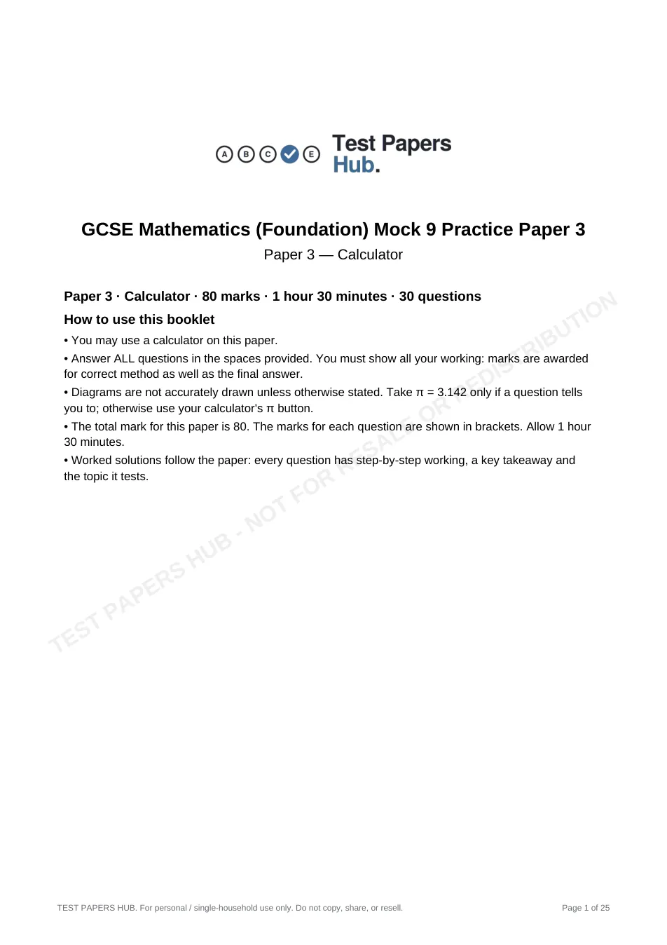 Cover page of GCSE Maths Foundation Paper 3 Practice Paper 9
