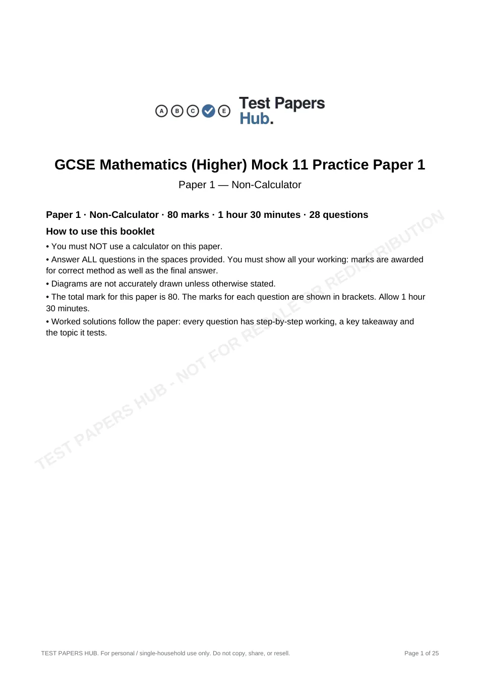 Cover page of GCSE Maths Higher Paper 1 Practice Paper 11