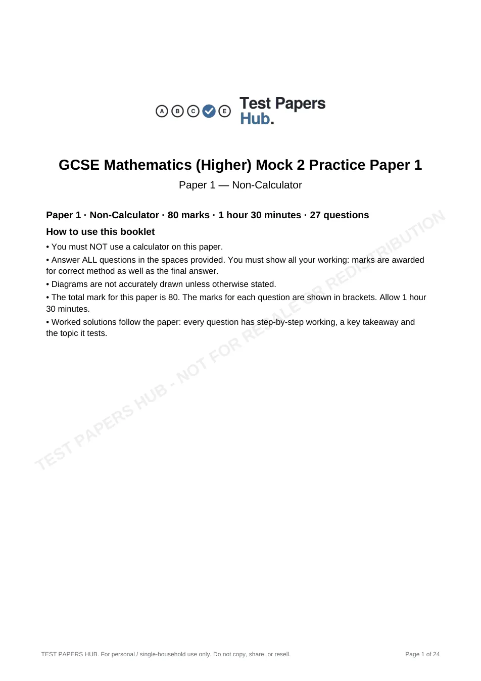 Cover page of GCSE Maths Higher Paper 1 Practice Paper 2