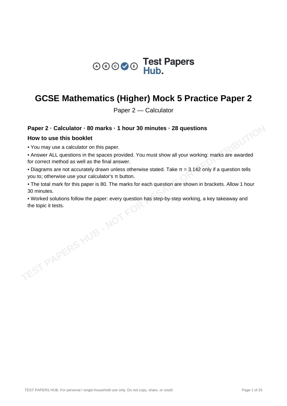 Cover page of GCSE Maths Higher Paper 2 Practice Paper 5