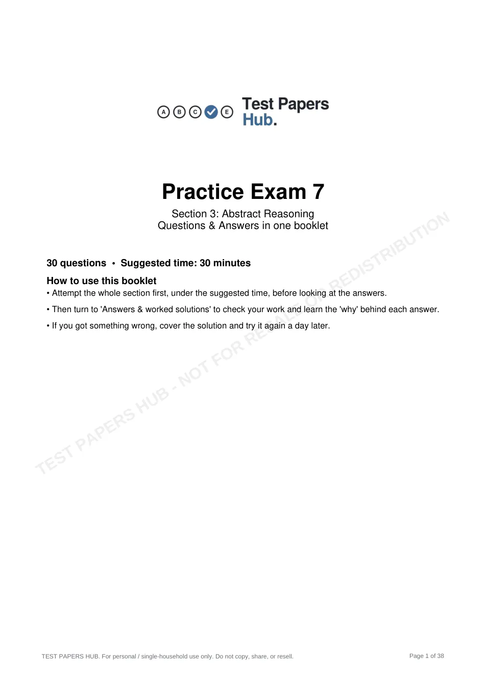 Cover page of HAST Year 10 Abstract Reasoning Practice Paper 7