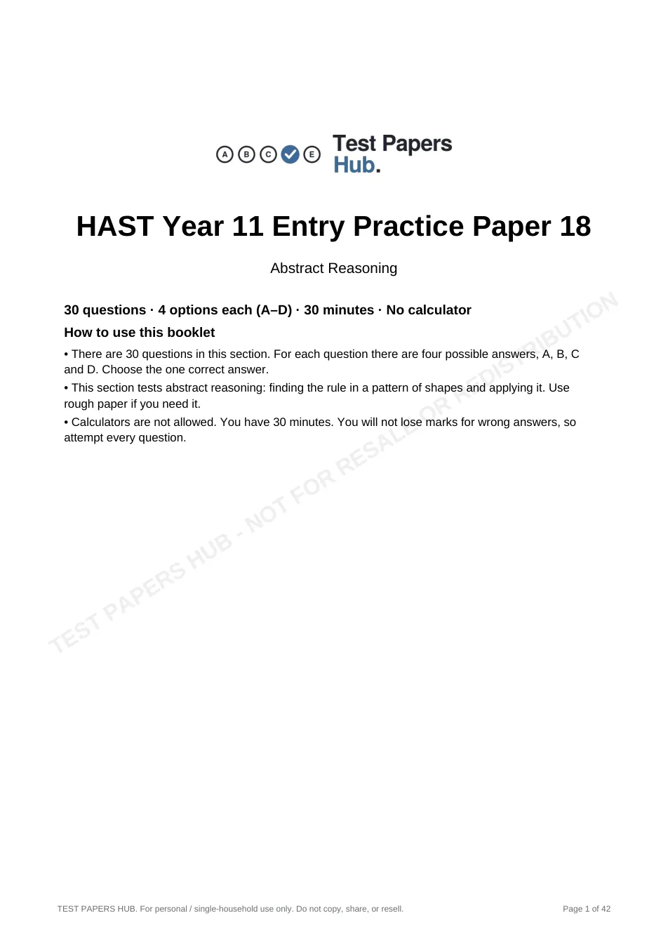 Cover page of HAST Year 11 Abstract Reasoning Practice Paper 18