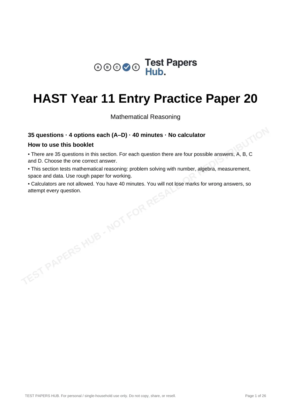 Cover page of HAST Year 11 Mathematical Reasoning Practice Paper 20