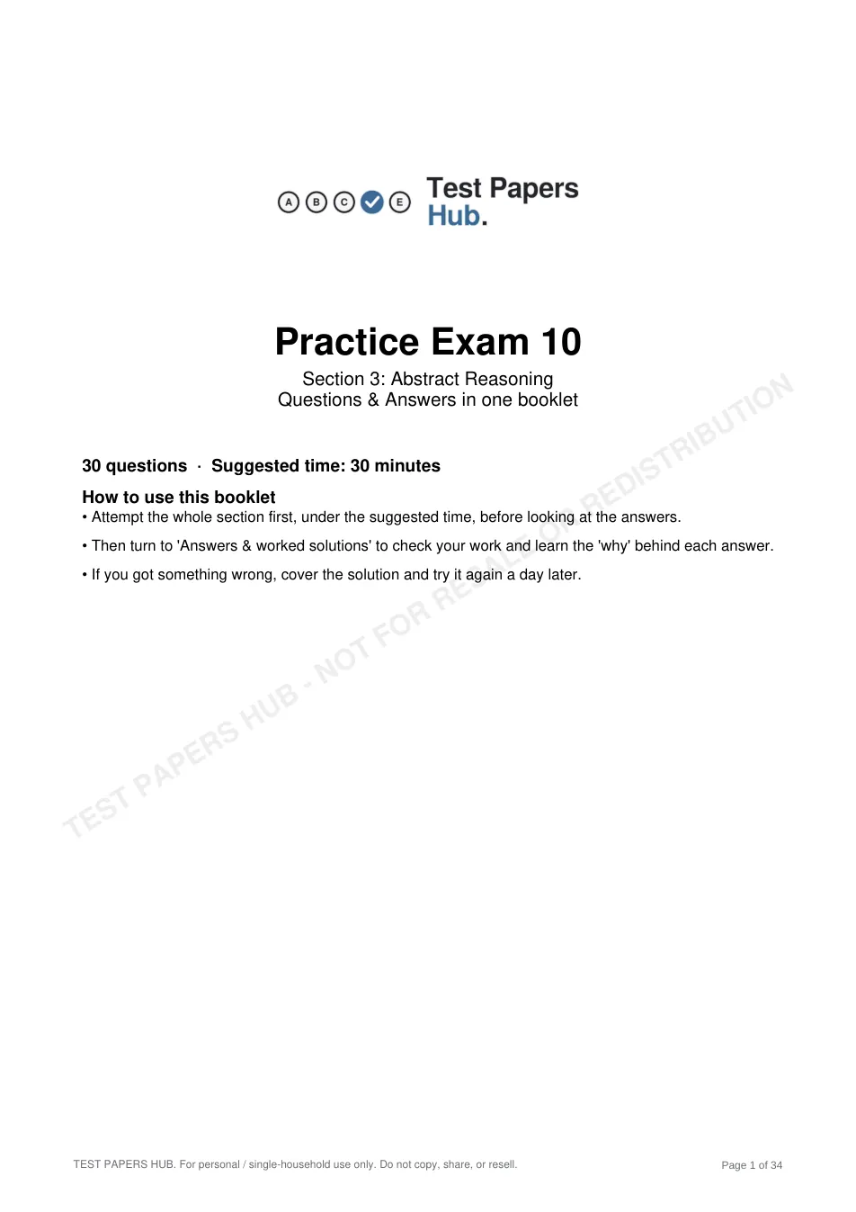 Cover page of HAST Year 8 Abstract Reasoning Practice Paper 10