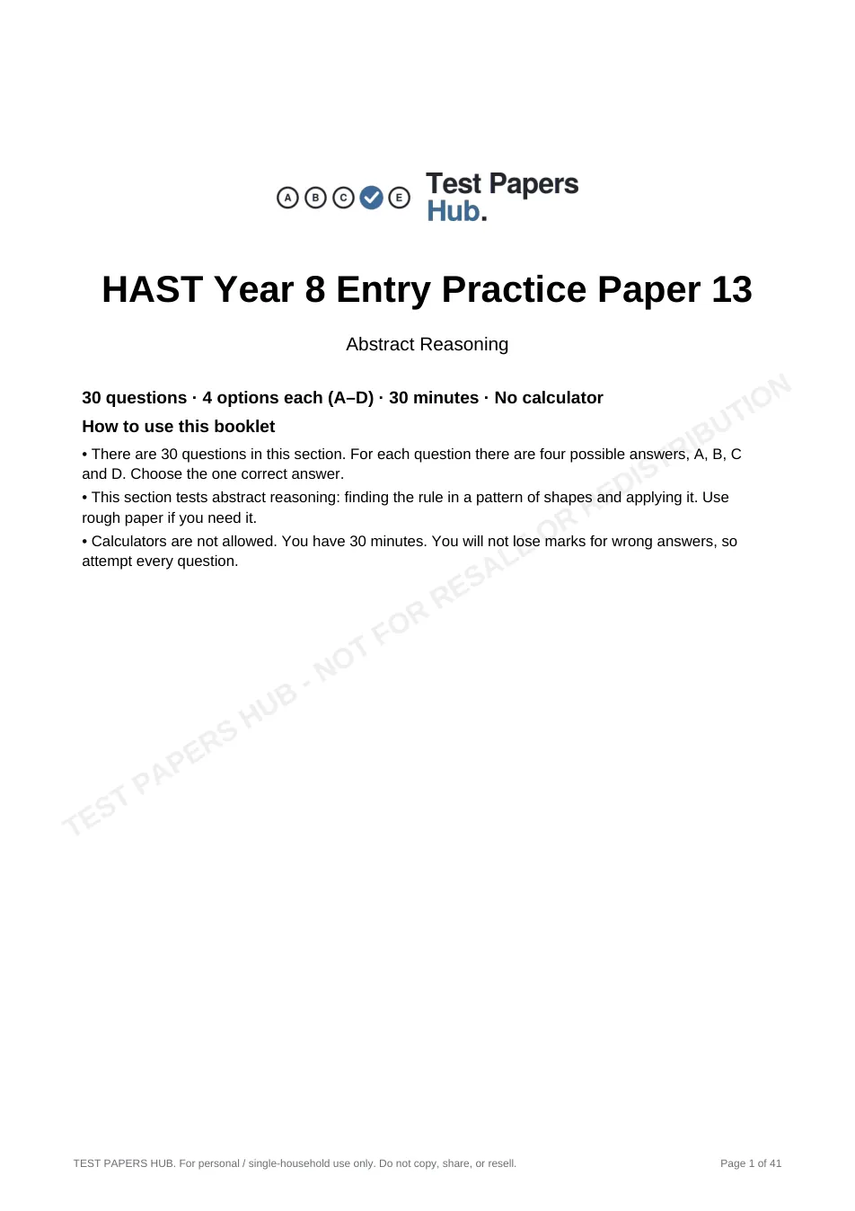 Cover page of HAST Year 8 Abstract Reasoning Practice Paper 13