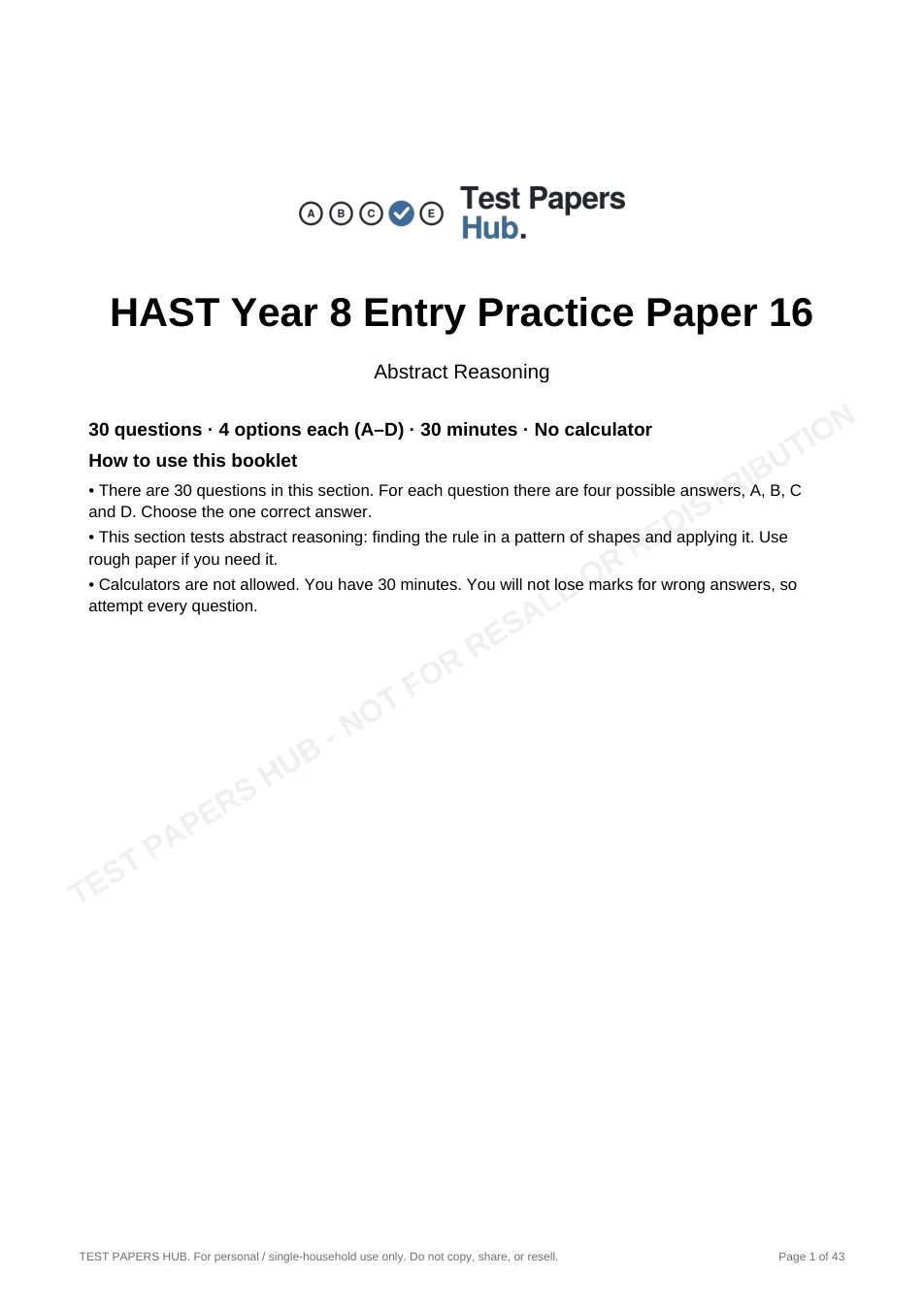 Cover page of HAST Year 8 Abstract Reasoning Practice Paper 16