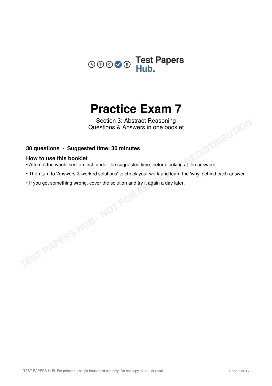 Cover page of HAST Year 8 Abstract Reasoning Practice Paper 7