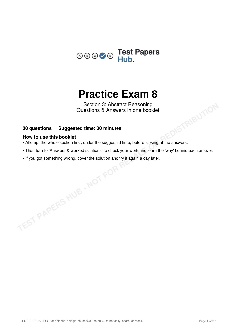 Cover page of HAST Year 8 Abstract Reasoning Practice Paper 8