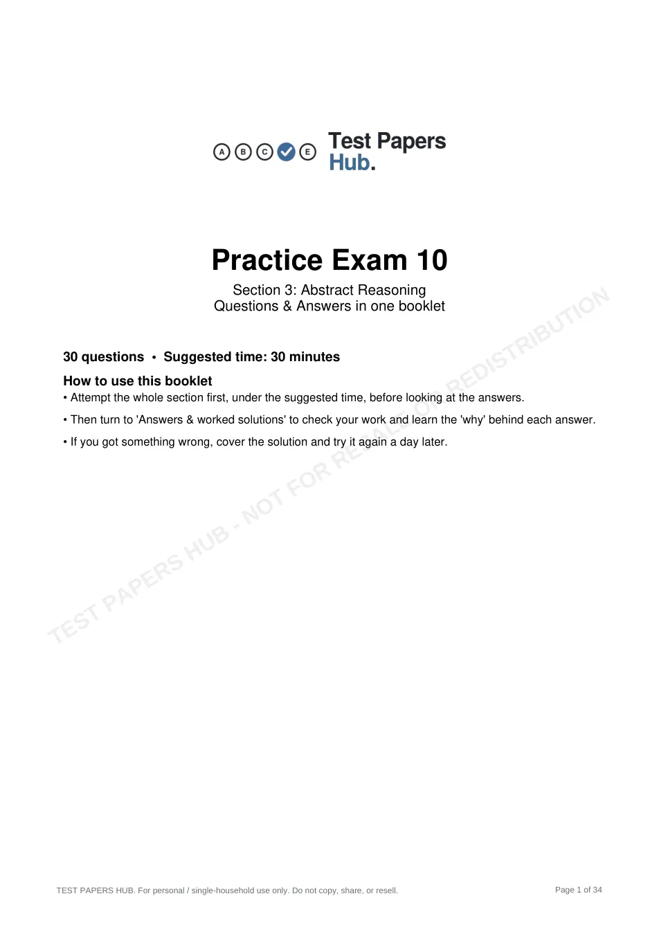 Cover page of HAST Year 9 Abstract Reasoning Practice Paper 10