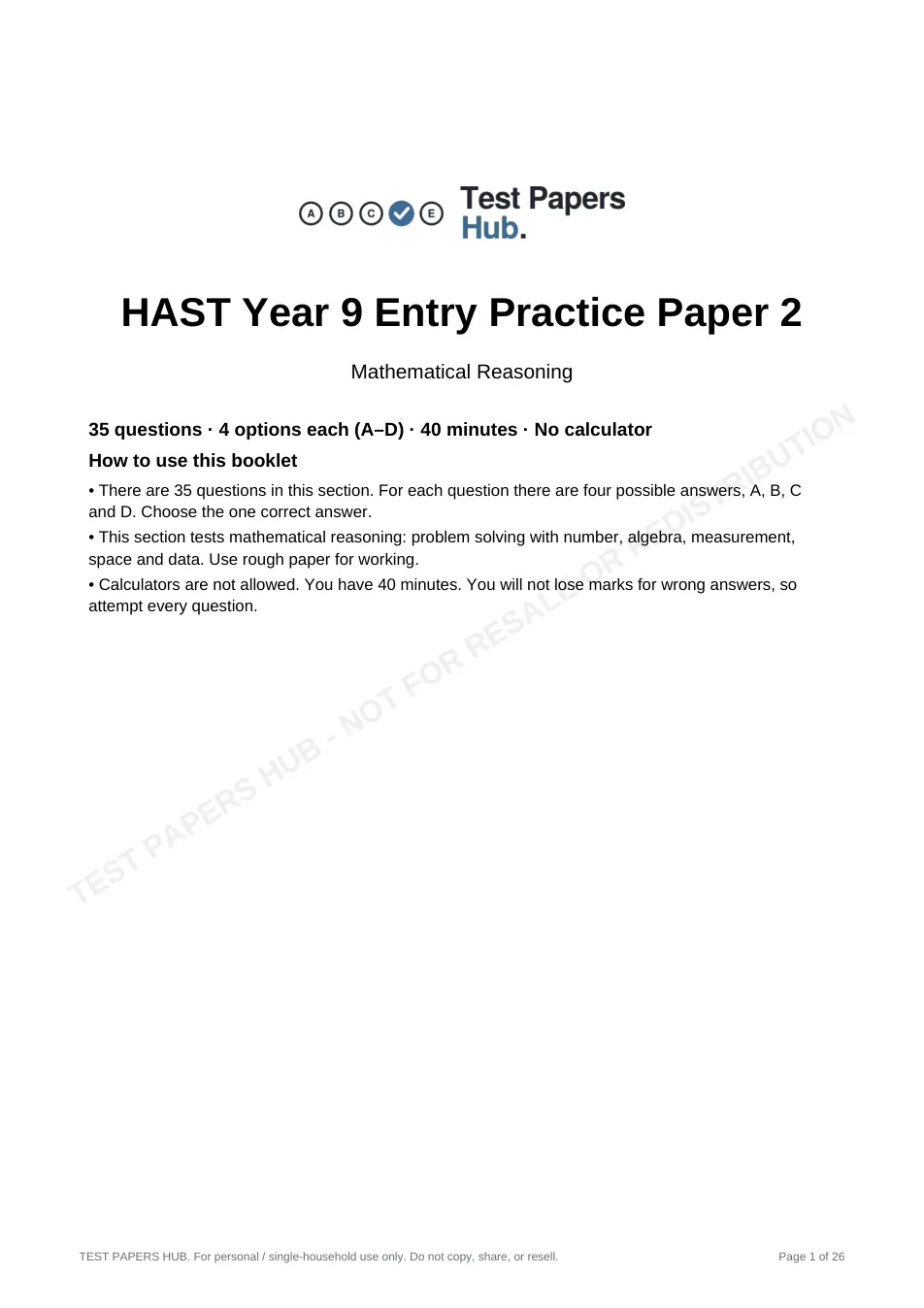 Cover page of HAST Year 9 Mathematical Reasoning Practice Paper 2