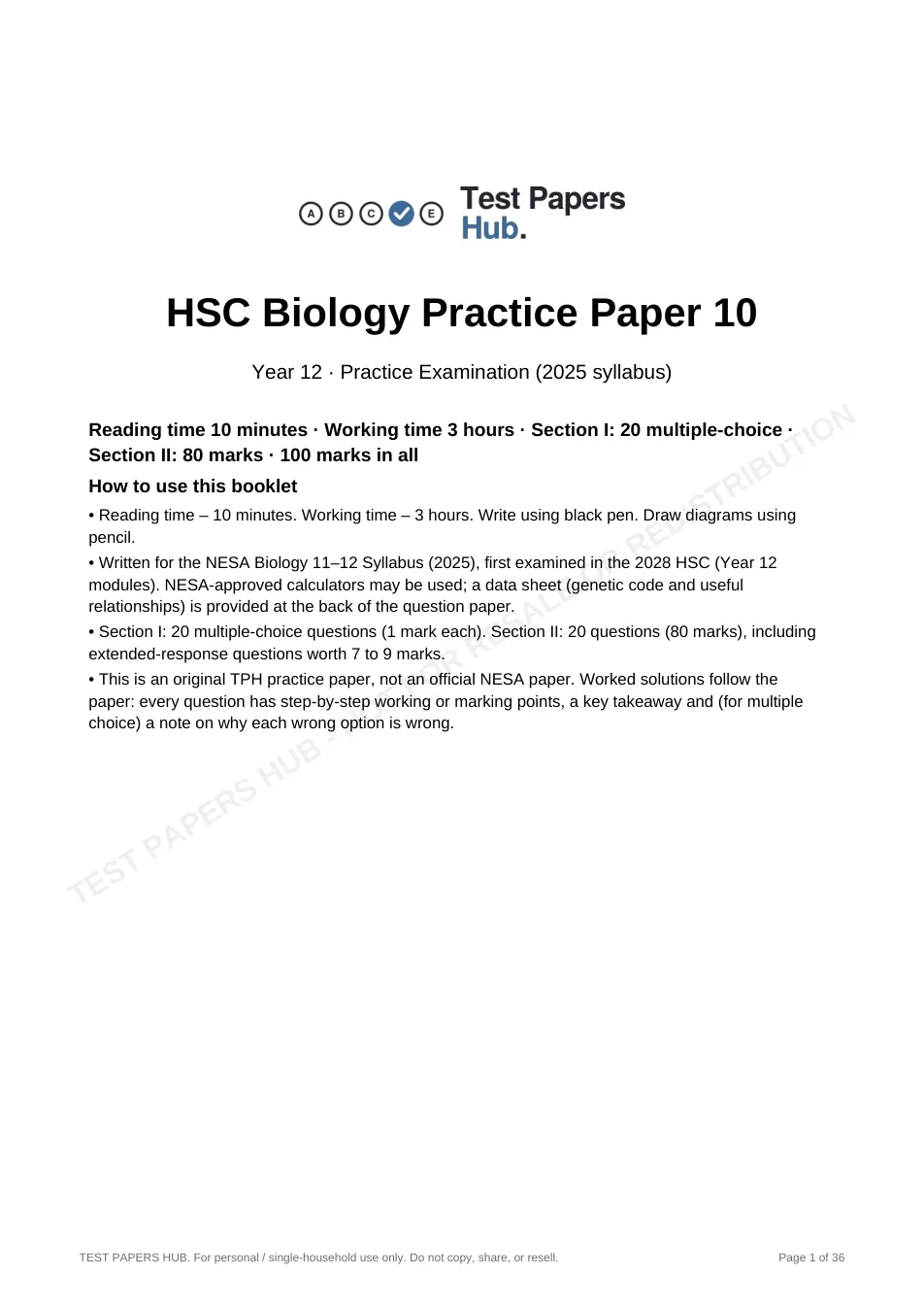 Cover page of HSC Biology Practice Paper 10